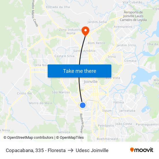 Copacabana, 335 - Floresta to Udesc Joinville map