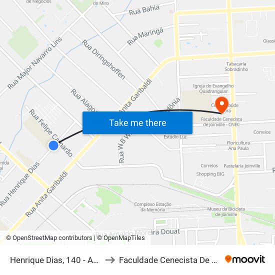 Henrique Dias, 140 - Anita Garibaldi to Faculdade Cenecista De Joinville - Cnec map