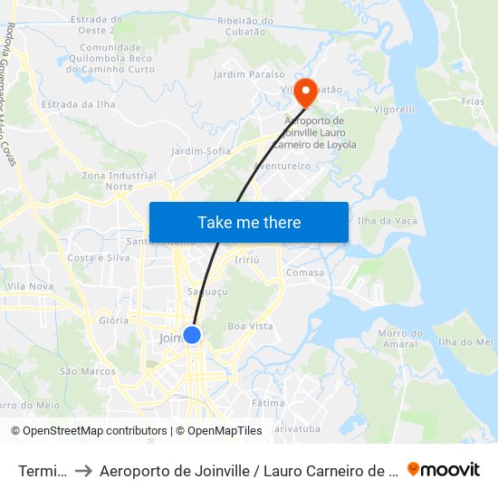 Terminal Central to Aeroporto de Joinville / Lauro Carneiro de Loyola (JOI) (Aeroporto de Joinville / Lauro Carneiro de map