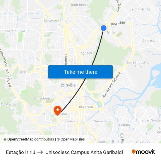 Estação Iririú to Unisociesc Campus Anita Garibaldi map