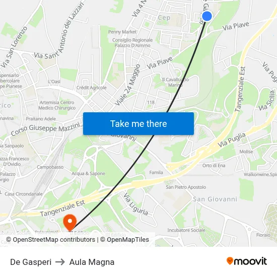 De Gasperi to Aula Magna map