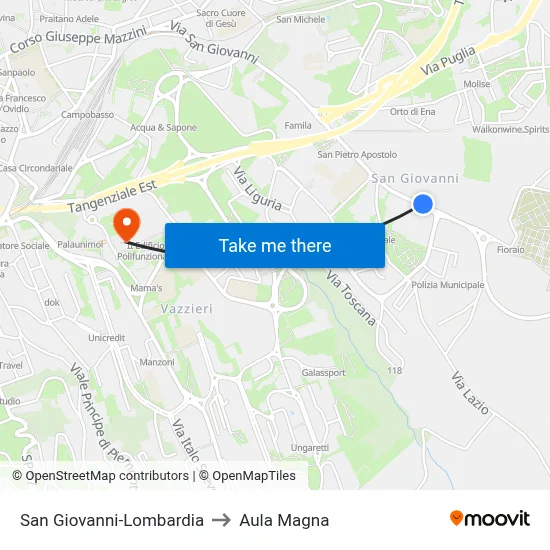 San Giovanni-Lombardia to Aula Magna map