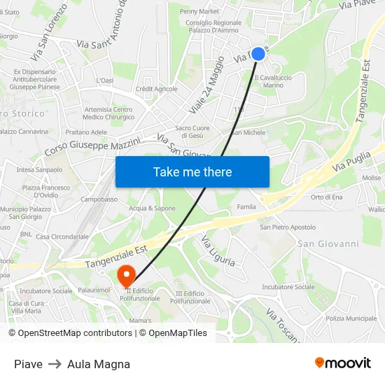 Piave to Aula Magna map