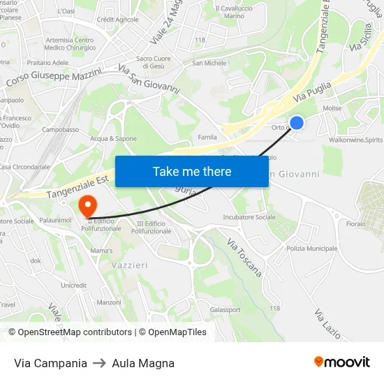 Via Campania to Aula Magna map