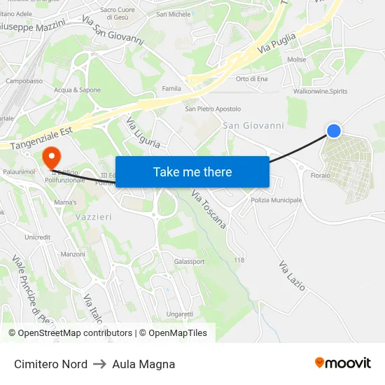 Cimitero Nord to Aula Magna map