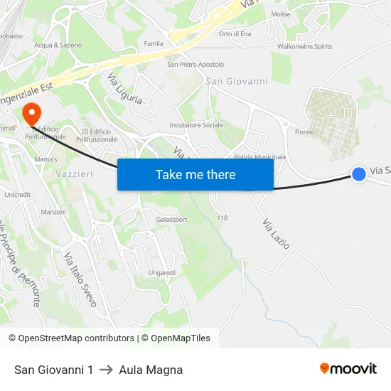 San Giovanni 1 to Aula Magna map