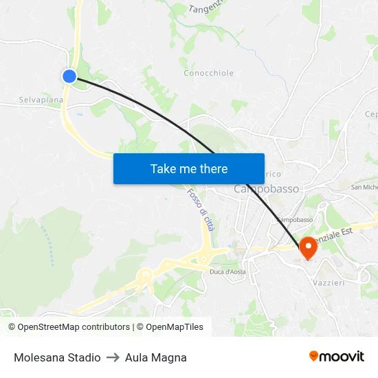 Molesana Stadio to Aula Magna map