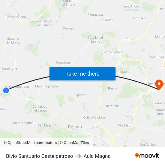Bivio Santuario Castelpetroso to Aula Magna map