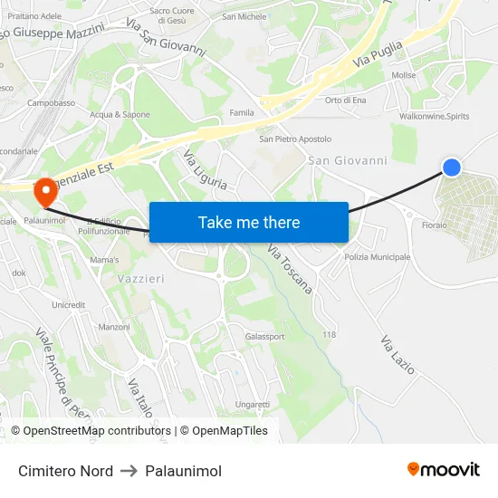 Cimitero Nord to Palaunimol map