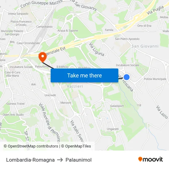 Lombardy-Romagna to Palaunimol map