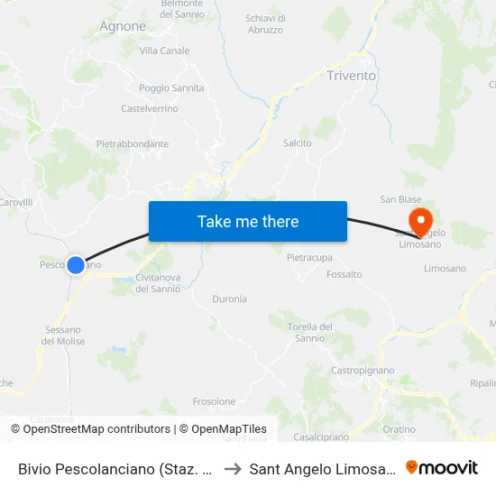 Pescolanciano Junction (Railway Station) to Saint Angelo Limosano map