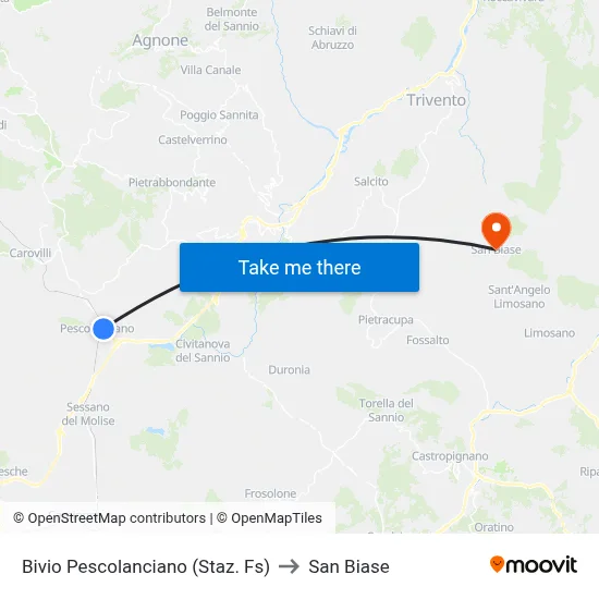 Pescolanciano Junction (Railway Station) to San Biase map