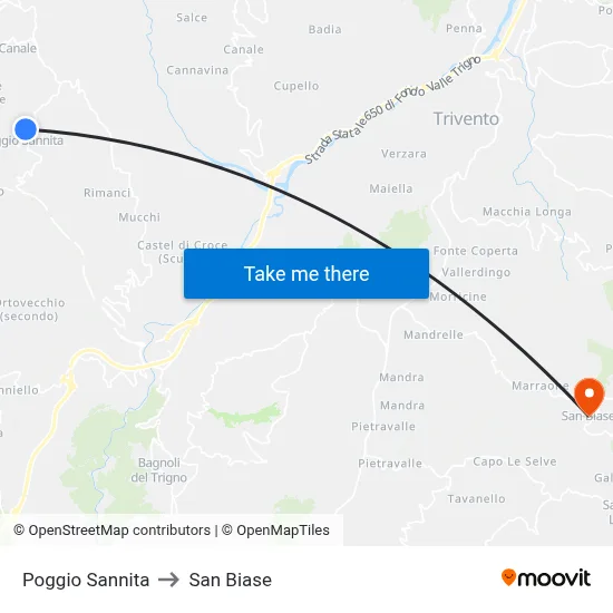 Poggio Sannita to San Biase map
