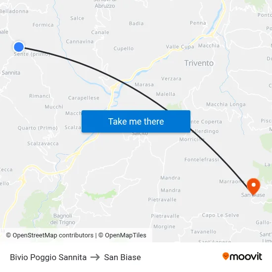 Poggio Sannita Junction to San Biase map