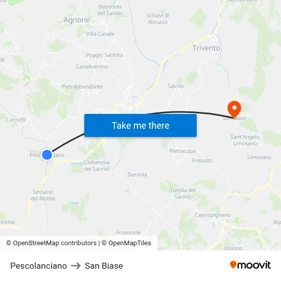 Pescolanciano to San Biase map