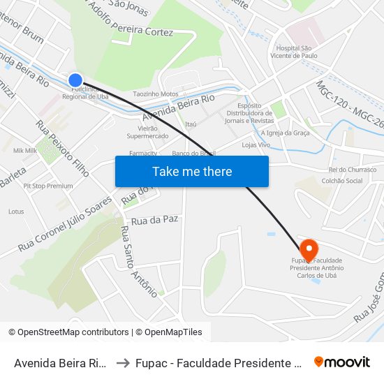 Avenida Beira Rio / Policlínica to Fupac - Faculdade Presidente Antônio Carlos De Ubá map