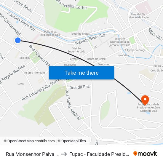 Rua Monsenhor Paiva Campos / Pam Criança to Fupac - Faculdade Presidente Antônio Carlos De Ubá map