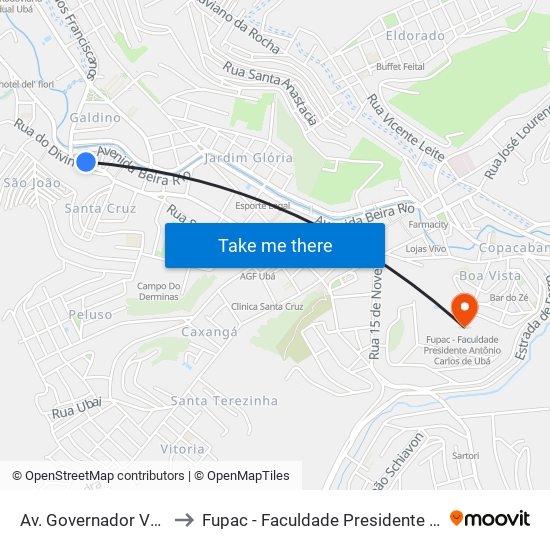 Av. Governador Valadares, 1092 to Fupac - Faculdade Presidente Antônio Carlos De Ubá map