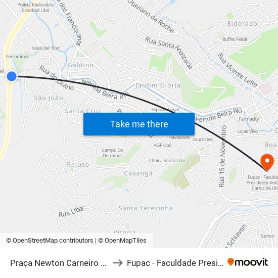 Praça Newton Carneiro / Sales / Hospital Santa Isabel to Fupac - Faculdade Presidente Antônio Carlos De Ubá map