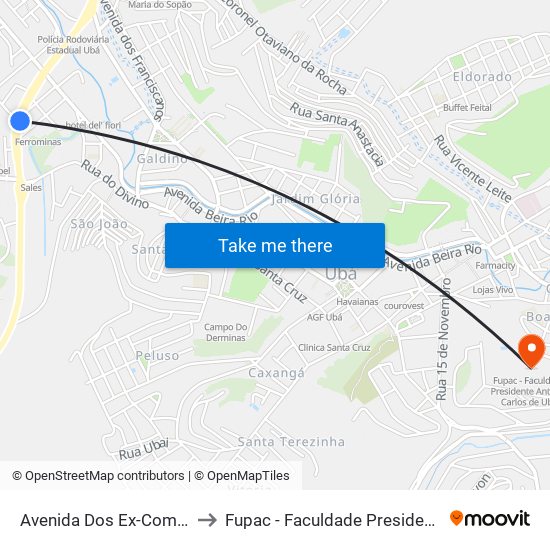 Avenida Dos Ex-Combatentes / Bahamas to Fupac - Faculdade Presidente Antônio Carlos De Ubá map