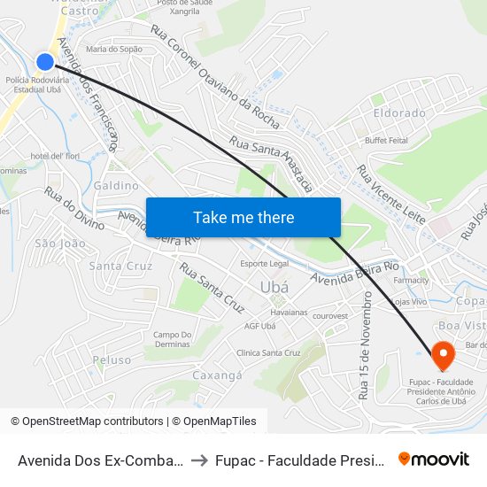 Avenida Dos Ex-Combatentes / Polícia Rodoviária to Fupac - Faculdade Presidente Antônio Carlos De Ubá map