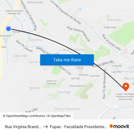 Rua Virgínia Brandão/Ferrominas to Fupac - Faculdade Presidente Antônio Carlos De Ubá map