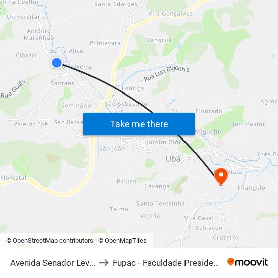 Avenida Senador Levindo Coelho/Itatiaia to Fupac - Faculdade Presidente Antônio Carlos De Ubá map