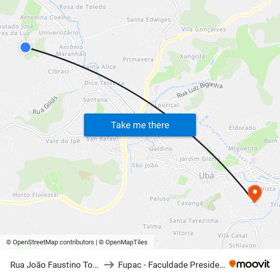 Rua João Faustino Tolêdo / Antonina Coelho to Fupac - Faculdade Presidente Antônio Carlos De Ubá map