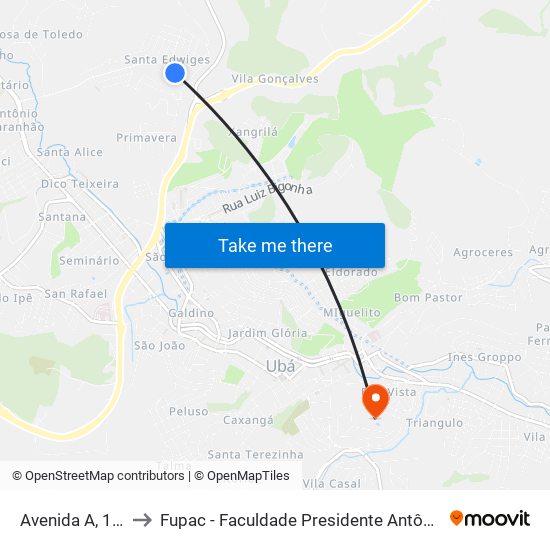 Avenida A, 181-247 to Fupac - Faculdade Presidente Antônio Carlos De Ubá map