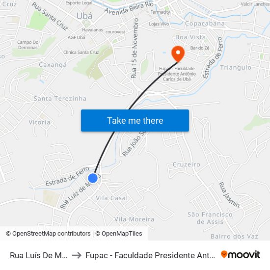 Rua Luís De Matos, 110 to Fupac - Faculdade Presidente Antônio Carlos De Ubá map
