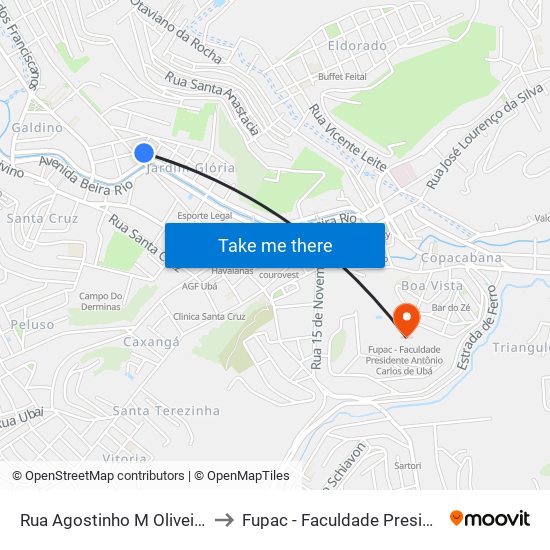 Rua Agostinho M Oliveira/ Praça Agenor Barbosa to Fupac - Faculdade Presidente Antônio Carlos De Ubá map