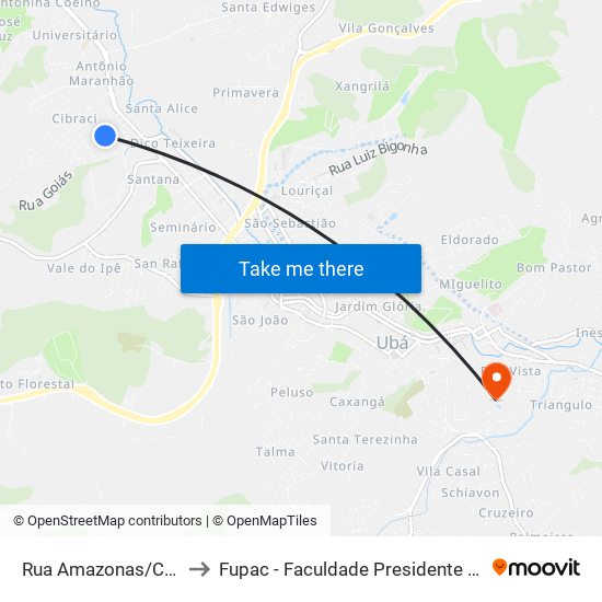 Rua Amazonas/Chiquito Gazola to Fupac - Faculdade Presidente Antônio Carlos De Ubá map