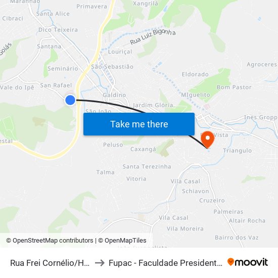 Rua Frei Cornélio/Hospital Sta. Isabel to Fupac - Faculdade Presidente Antônio Carlos De Ubá map