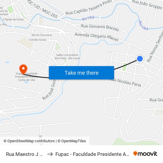 Rua Maestro J Ernesto 109 to Fupac - Faculdade Presidente Antônio Carlos De Ubá map