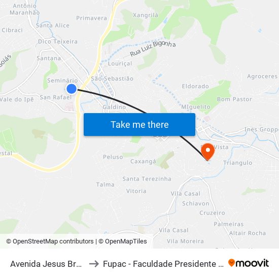 Avenida Jesus Brandão,180-230 to Fupac - Faculdade Presidente Antônio Carlos De Ubá map