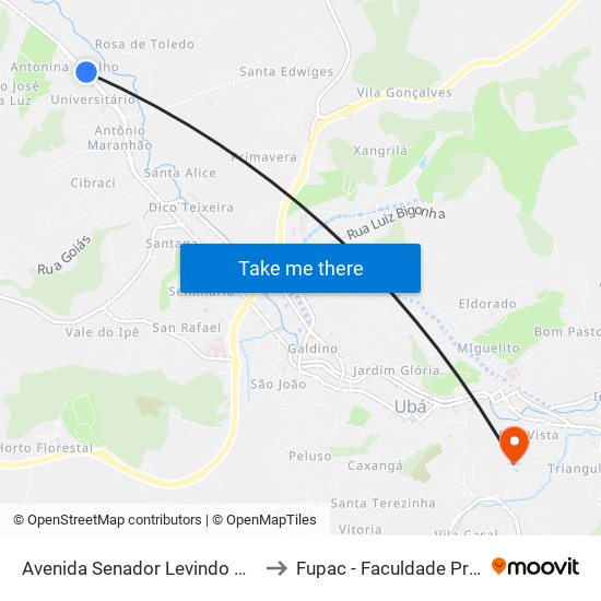 Avenida Senador Levindo Coelho / Posto De Saúde Familiar Cohab to Fupac - Faculdade Presidente Antônio Carlos De Ubá map