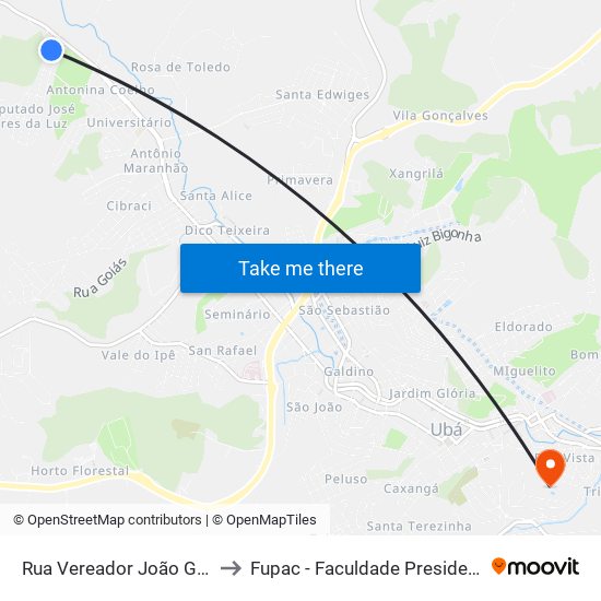 Rua Vereador João Gomes Pereira, 92-134 to Fupac - Faculdade Presidente Antônio Carlos De Ubá map