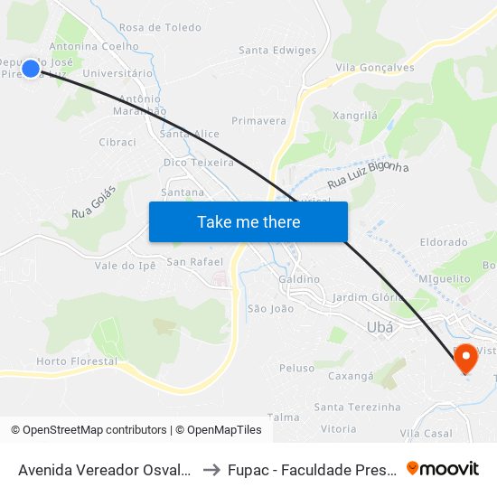 Avenida Vereador Osvalo Salgado Guimarães,122-198 to Fupac - Faculdade Presidente Antônio Carlos De Ubá map