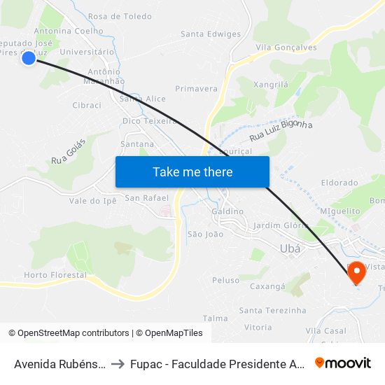 Avenida Rubéns Baião, 697 to Fupac - Faculdade Presidente Antônio Carlos De Ubá map