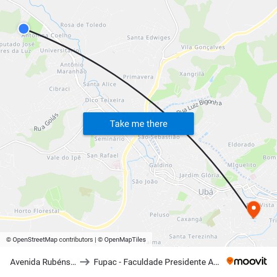 Avenida Rubéns Baião, 265 to Fupac - Faculdade Presidente Antônio Carlos De Ubá map