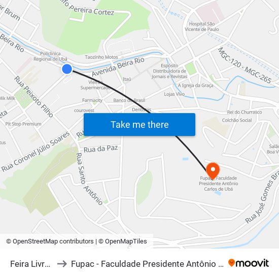 Feira Livre Ubá to Fupac - Faculdade Presidente Antônio Carlos De Ubá map