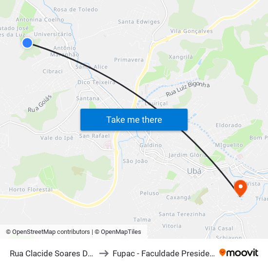 Rua Clacide Soares De Souza Lima, 145-191 to Fupac - Faculdade Presidente Antônio Carlos De Ubá map