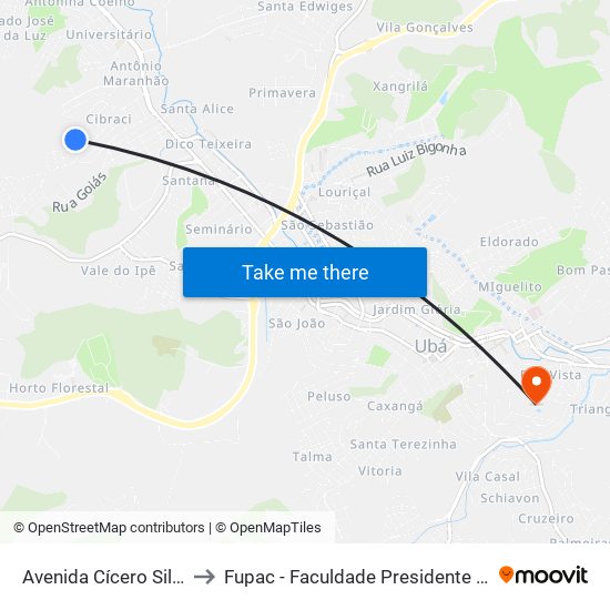 Avenida Cícero Silveira, 374-434 to Fupac - Faculdade Presidente Antônio Carlos De Ubá map