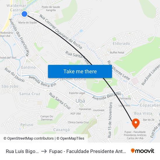 Rua Luís Bigonha, 345 to Fupac - Faculdade Presidente Antônio Carlos De Ubá map