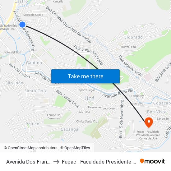Avenida Dos Franciscanos, 413 to Fupac - Faculdade Presidente Antônio Carlos De Ubá map