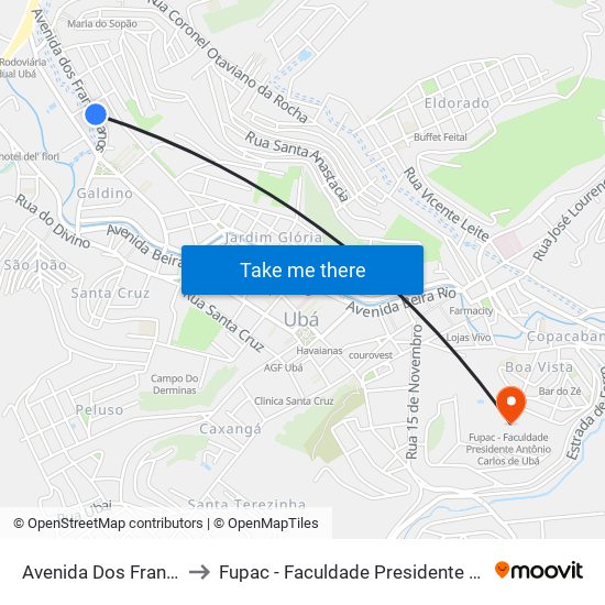 Avenida Dos Franciscanos, 175 to Fupac - Faculdade Presidente Antônio Carlos De Ubá map