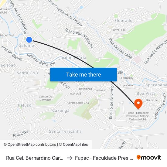 Rua Cel. Bernardino Carneiro / Praça Getúlio Vargas to Fupac - Faculdade Presidente Antônio Carlos De Ubá map