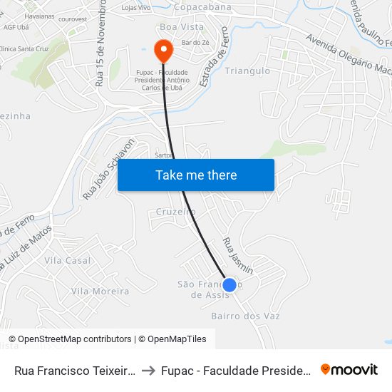 Rua Francisco Teixeira De Abreu, 212-242 to Fupac - Faculdade Presidente Antônio Carlos De Ubá map