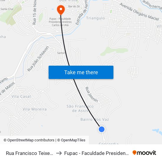 Rua Francisco Teixeira De Abreu, 1768 to Fupac - Faculdade Presidente Antônio Carlos De Ubá map