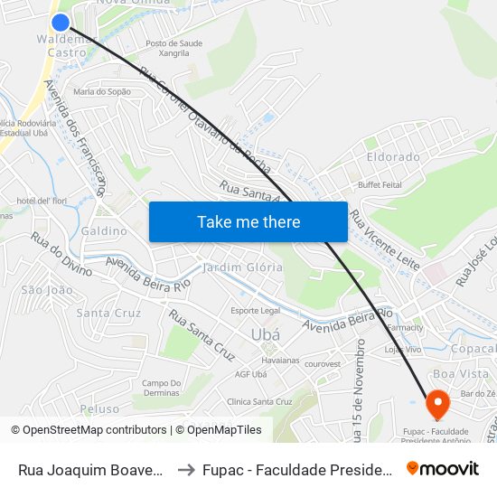 Rua Joaquim Boaventura Da Silveira, 364 to Fupac - Faculdade Presidente Antônio Carlos De Ubá map